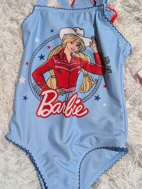 Barbie Girls 4/5 One Piece Swimsuit Cowgirl Western Ruffle Star NWT Blue Red